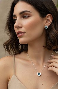 Conjunto Coração Cravejado Zircônia Prata 925