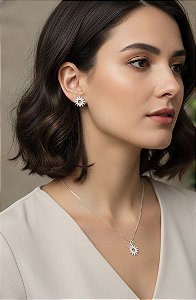 Conjunto Colar e Brinco Estrela Sol Cravejado Prata 925