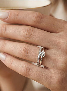 Anel Duplo Solitário e Meia Aliança em Prata 925