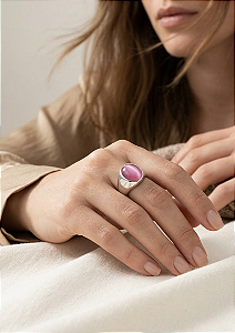 Anel Pedra Oval em Aço Inoxidável Rosa