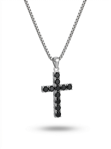 Colar Crucifixo em Aço 316L com Zircônias Pretas Cravejadas - Linha Premium