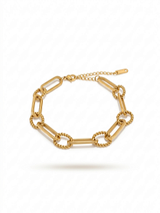 Pulseira Elo Retangular e Elos Trabalhados em Aço Inoxidável