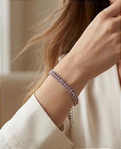 Pulseira Elo Corrente com Zircônia Rosa em Aço Inoxidável