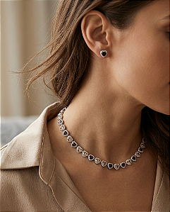 Conjunto Feminino Colar Regulável Coração Cravejado e Brinco em Aço Inoxidável