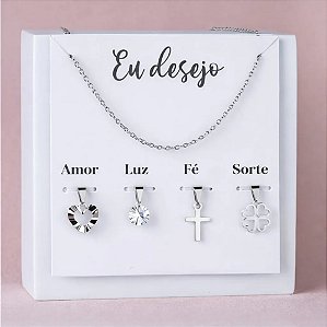 Kit Colar Eu Desejo em Aço Inoxidável com 4 Pingentes Intercambiáveis