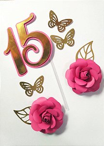 TOPO 15 Anos Dourado c/ Flores