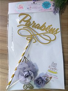 TOPO PARABÉNS DOURADO C/ flores média e mini