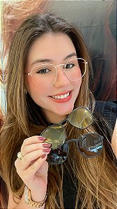 Óculos clip-on feminino hexagonal dourado