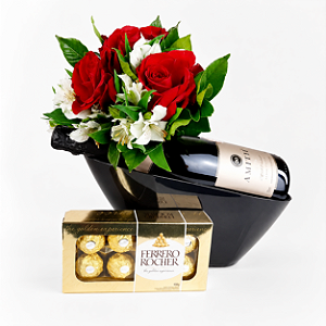 Kit Trio de Rosas Colombianas com Ferrero e Espumante