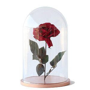 Redoma de vidro lisa com rosa - base de MDF cobre