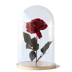 Redoma de vidro lisa com rosa - base de MDF dourada