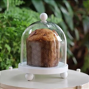 Porta panetone Bolinhas com redoma de vidro - BRANCO