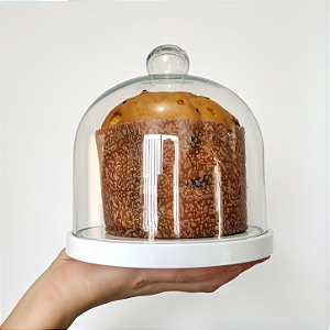 Porta panetone de MDF na cor BRANCA com redoma de vidro - até 400g