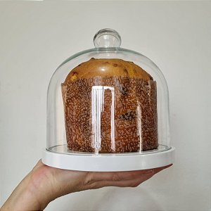 Porta panetone de MDF na cor BRANCA com redoma de vidro - até 400g