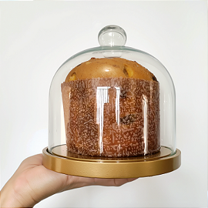 Porta panetone de MDF na cor DOURADA com redoma de vidro - até 400g