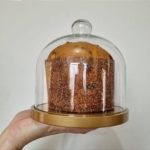 Porta panetone de MDF na cor DOURADA com redoma de vidro - até 400g