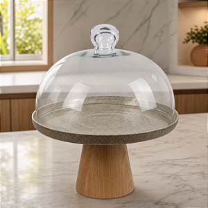 Boleira Com Prato Ceramica Bege e Redoma de Vidro com Base Cone