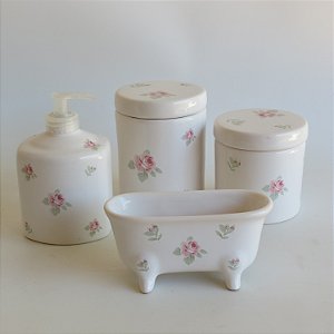 kit higiene de louça - Branco com rosas