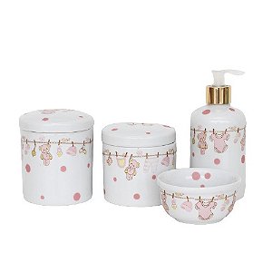 kit higiene de porcelana - Bebê rosa com saboneteira dourada