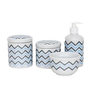 kit higiene de porcelana - Chevron Azul e Cinza