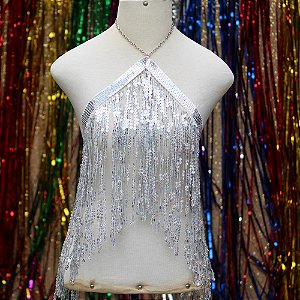 Frente única franja paetê prata