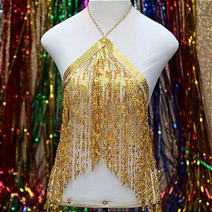 Frente única franja paetê dourado