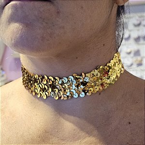Choker flexível paetê dourado