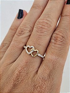 Anel dois corações dourado