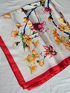 Lenço flores bege/vermelho