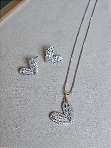 Conjunto coração cravejado prata