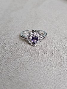 Anel coração cravejada roxo prata