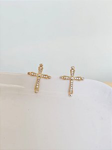 Brinco mini cruz cravejada dourada