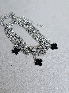 Trio pulseira trevo preta prata