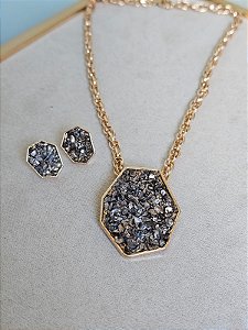 Conjunto colar e brinco drusa dourado