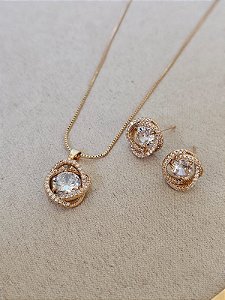 Conjunto flor zircônia dourada