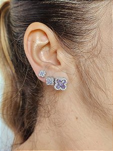 Trio de brinco trevo cravejado lavanda prata