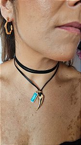 Choker amarração pingentes dente metal resina azul