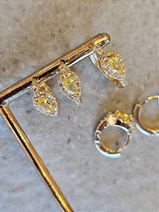 Trio de argola gota cravejada amarelo