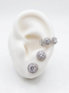 Conjunto brincos e piercing cristal prata
