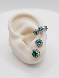 Conjunto brincos e piercing turquesa prata