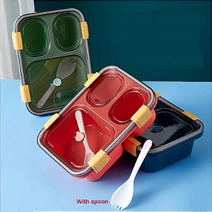 Marmita Bento Box na cor CORAL com garfo, divisórias e travas laterais