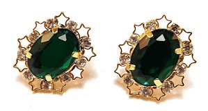 Brinco oval com estrelas pedra cristal verde