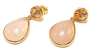 Brinco gota com quartzo rosa e zircônia