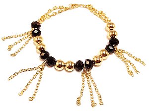Pulseira com bolas douradas cristais pretos e franjas