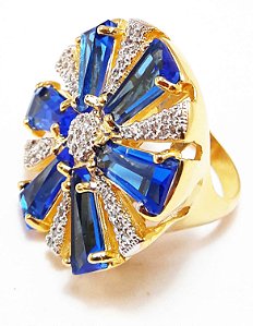 Anel flor com cristal azul e zircônia
