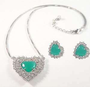 Conjunto coração verde água leitoso