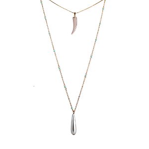 Colar Duplo Pérola e Dente de Sabre Ouro 18K