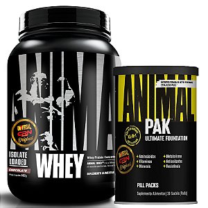 COMBO ANIMAL PAK 30 PACKS + ANIMAL WHEY CHOCOLATE - 907G  UNIVERSAL NUTRITION
