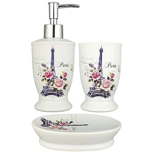 Kit Saboneteira Liquida Porcelana Branca Paris Torre Eiffel - DM ... Kit Saboneteira Liquida Porcelana Branca Paris Torre Eiffel - DM ...