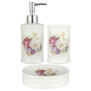 Kit Saboneteira Liquida Porcelana Branca Flores Coloridas - DM ... Kit Saboneteira Liquida Porcelana Branca Flores Coloridas - DM ...